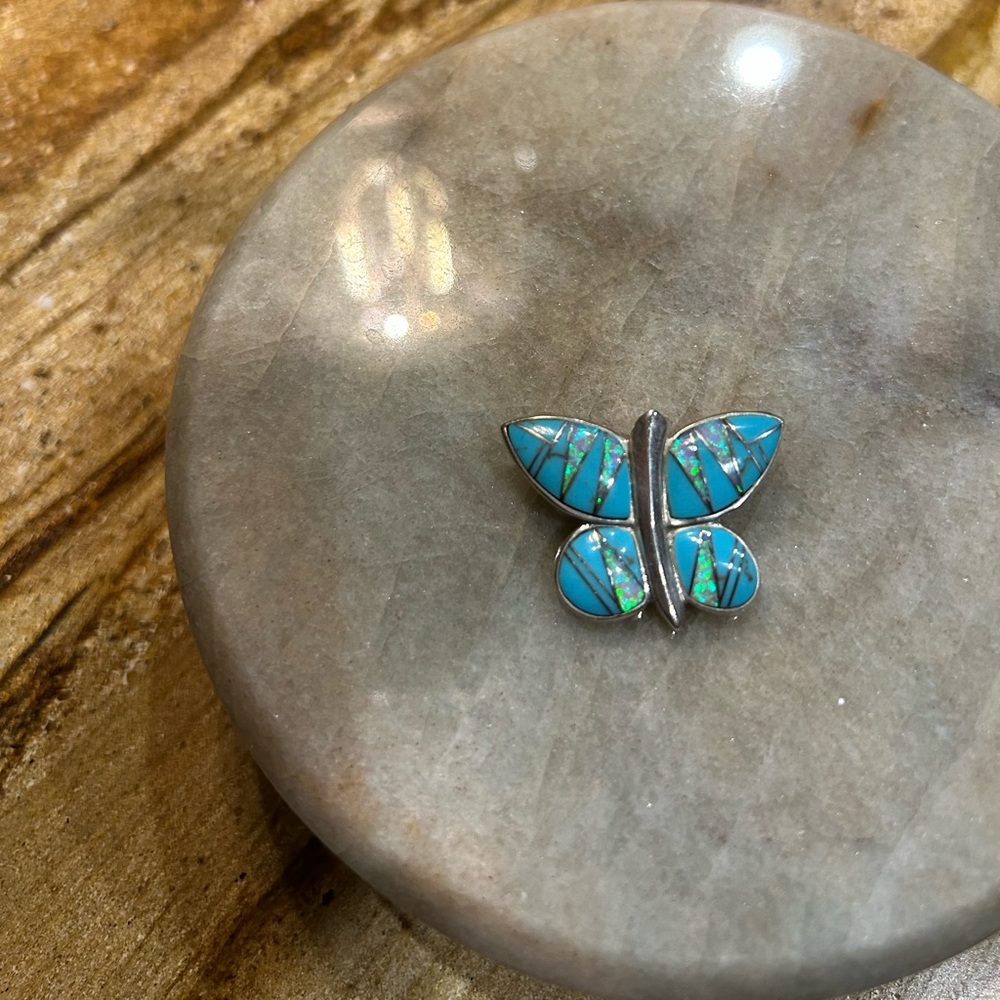 Sterling Butterfly Pendant with Hidden Bail in Genuine Turquoise and Opal Inlay